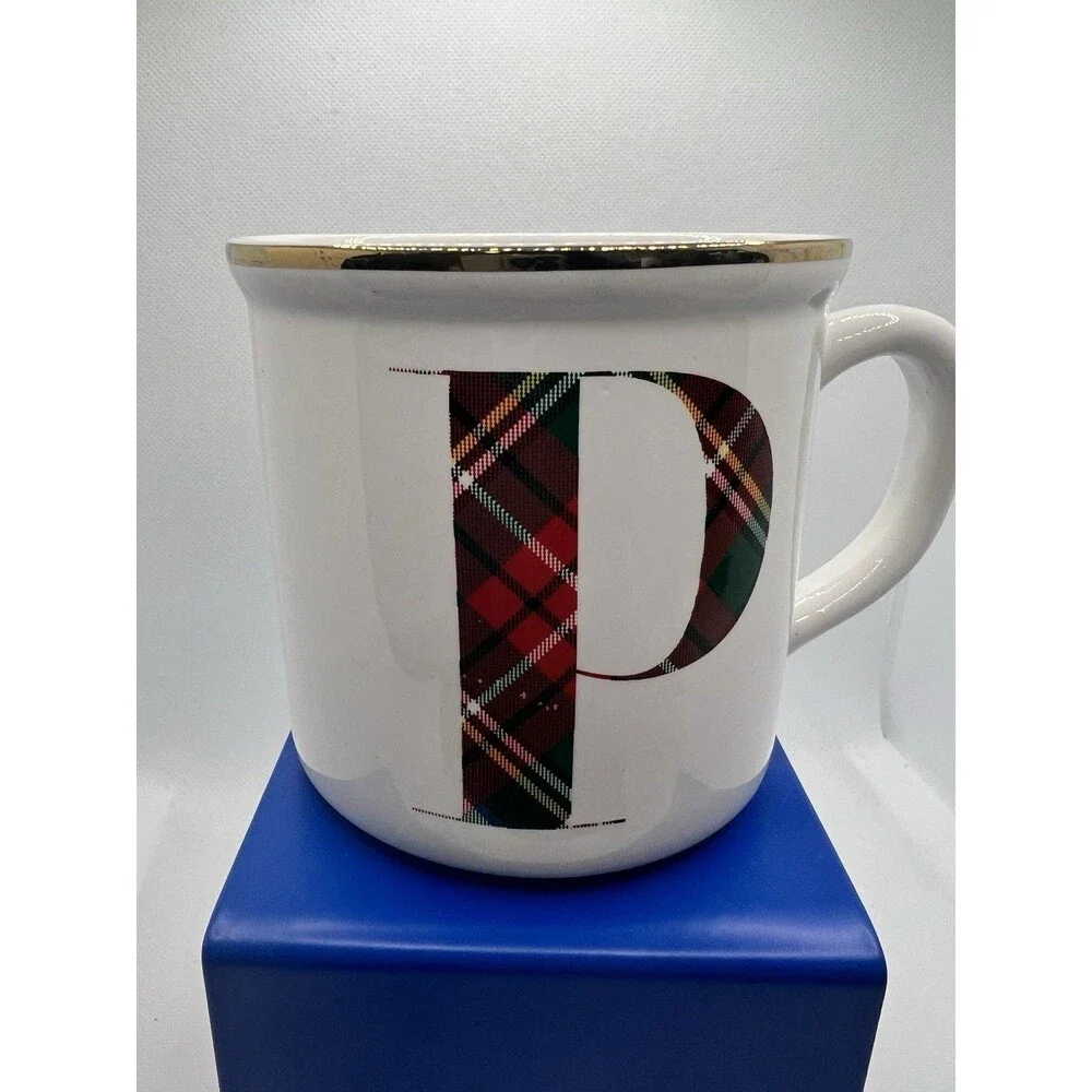 POTTERY BARN STEWART PLAID (p) INITIAL COFFEE MUG Christmas Red Green Table